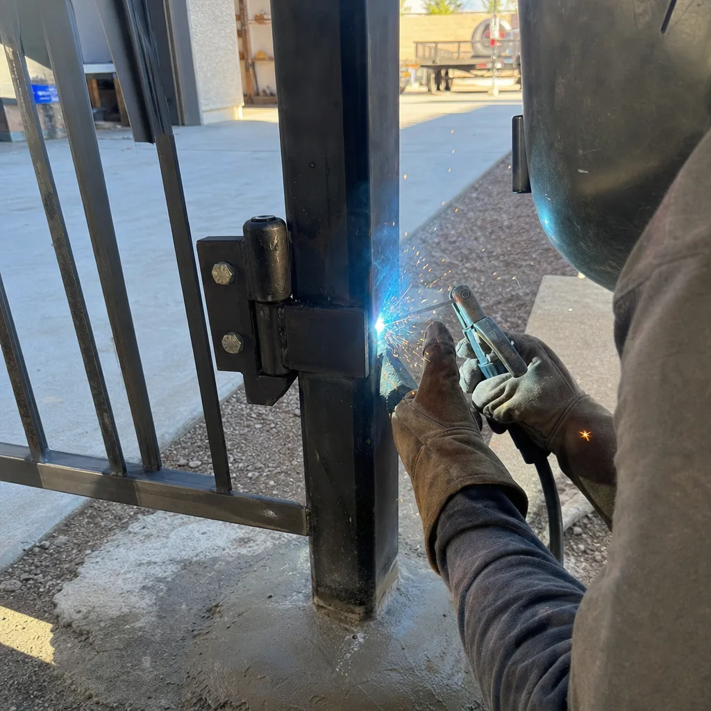 Professional welder performing metal gate installation and hinge repair