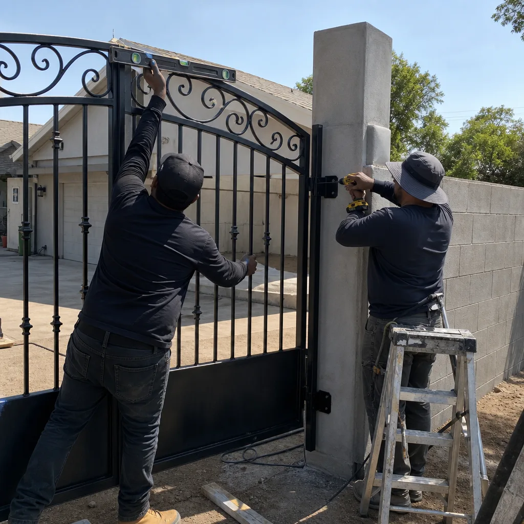 Two professionals installing a metal gate with a level and drill