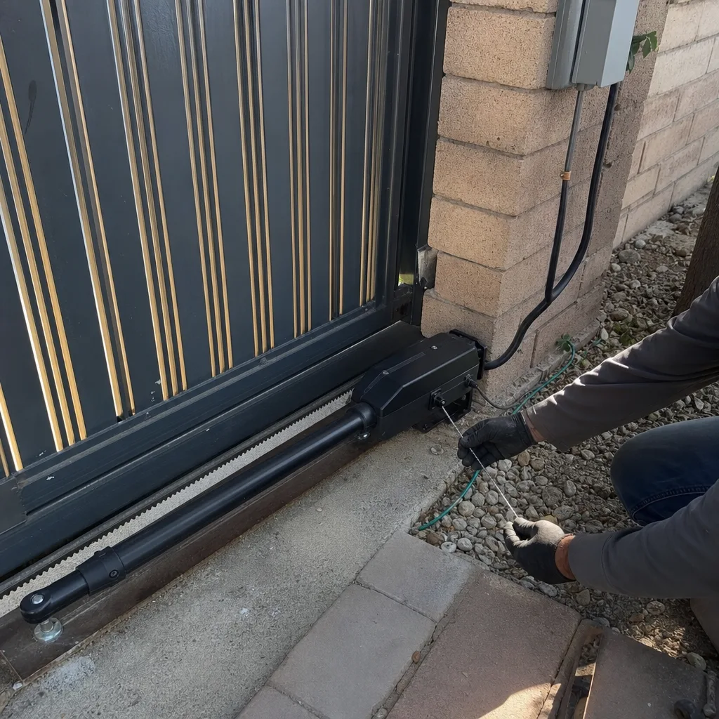 Technician performing professional automatic gate motor and opener maintenance