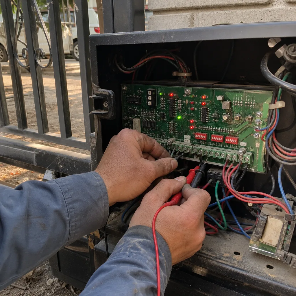 Technician using a multimeter to repair an automatic gate motor control board