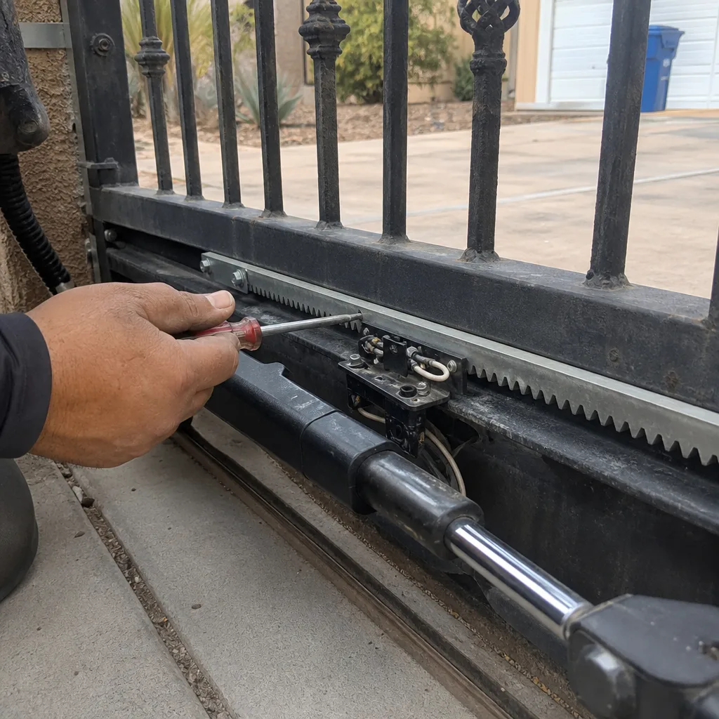 Technician performing professional automatic gate motor and opener maintenance repair.