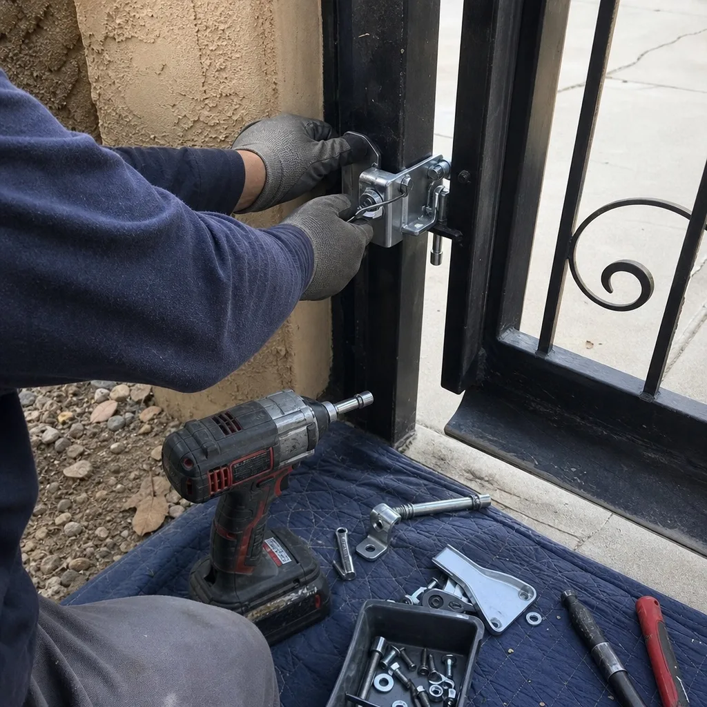 Technician using power tools to install a metal gate latch